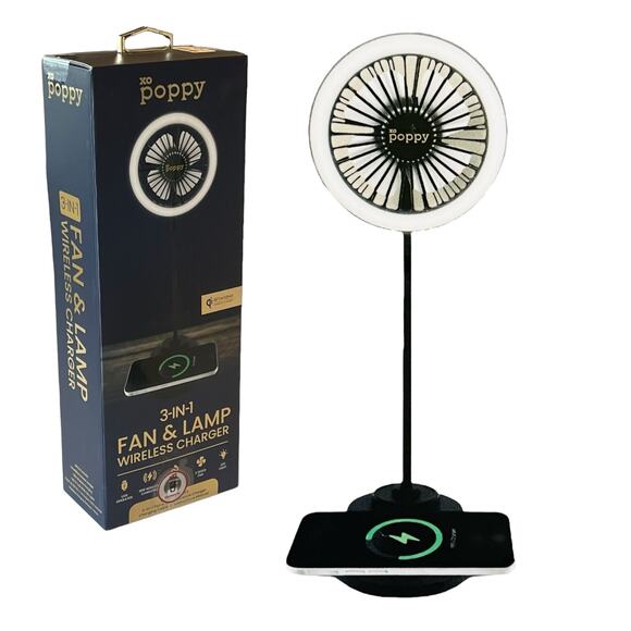 NEW Poppy FAN LAMP WIRELESS CHARGER 3in1 Flexible Neck LED Ring Light USB - Picture 1 of 6